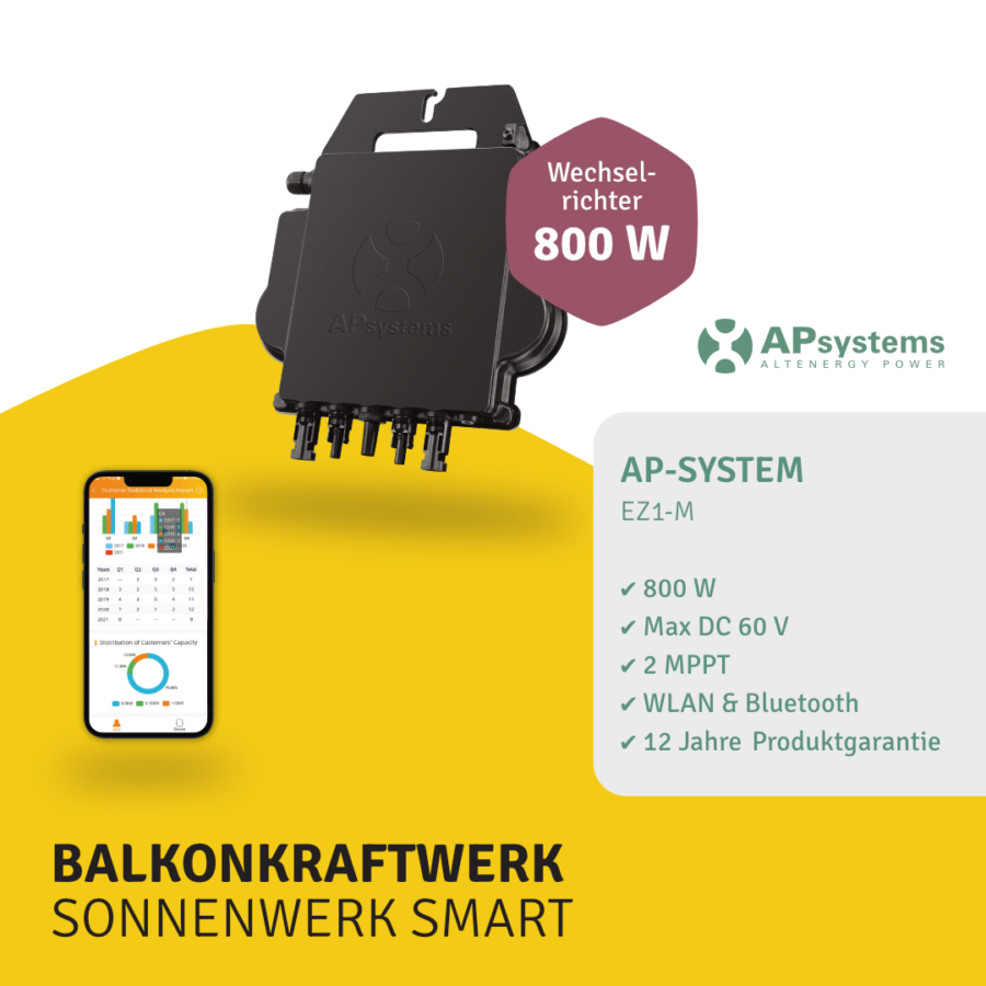 Balkonkraftwerk SONNENWERK SMART mit Longi Solar und Apsystems Mikrowechselrichter bis 800W