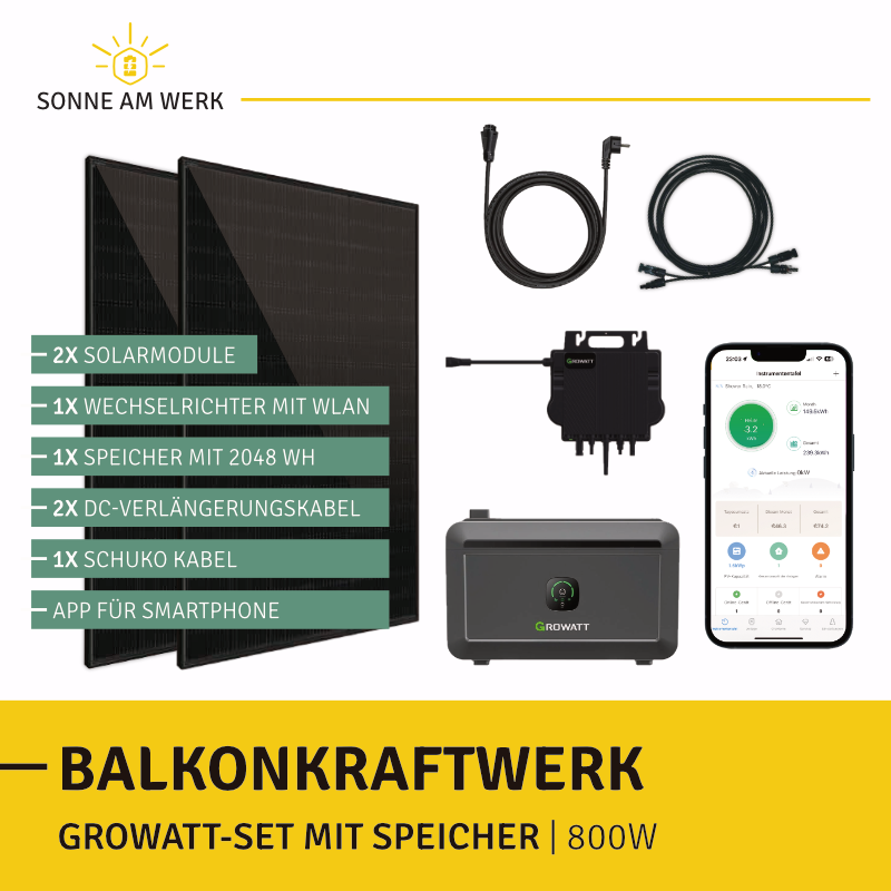 Balkonkraftwerk Growatt-Set mit Jinko Solar Modulen und einem Growatt Neo, Noah 2000